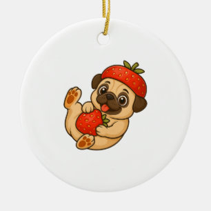Süßer Mops mit Erdbeeren Cartoon süß fruchtig Keramik Ornament
