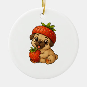 Süßer Mops mit Erdbeeren fruchtiger lustiger Carto Keramik Ornament