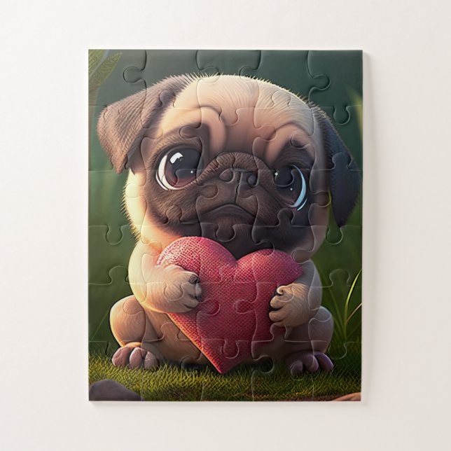 Süßer Mops mit Herz Puzzle (Vertikal)