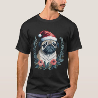 Süßer Mops mit Santa-Hut im Weihnachts-Blumenkranz T-Shirt