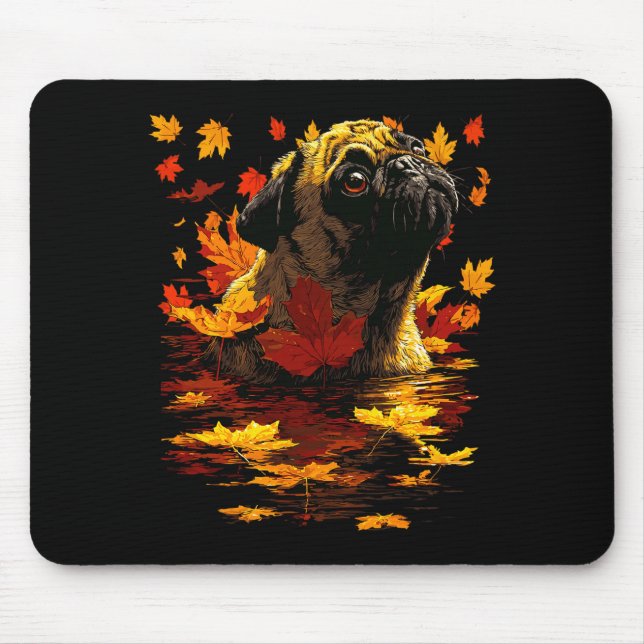 Süßer Mops mit Waldblättern gemütlicher Herbsthund Mousepad (Vorne)