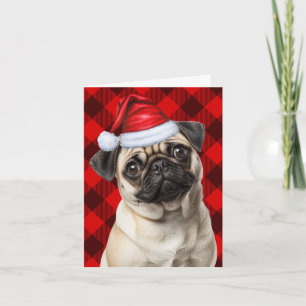 Süßer Mops Santa Hund Roter Buffalo Karo Weihnacht Feiertagskarte
