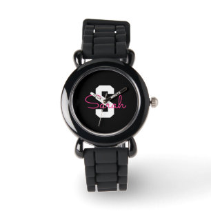 Süßer Name & Monogramm Schwarz Weiß & Rosa Armbanduhr