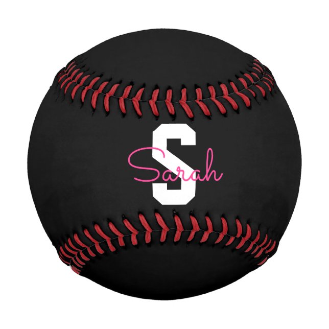 Süßer Name & Monogramm | Schwarz Weiß & Rosa Baseball (Vorderseite)