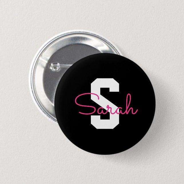 Süßer Name & Monogramm | Schwarz Weiß & Rosa Button (Vorne & Hinten)