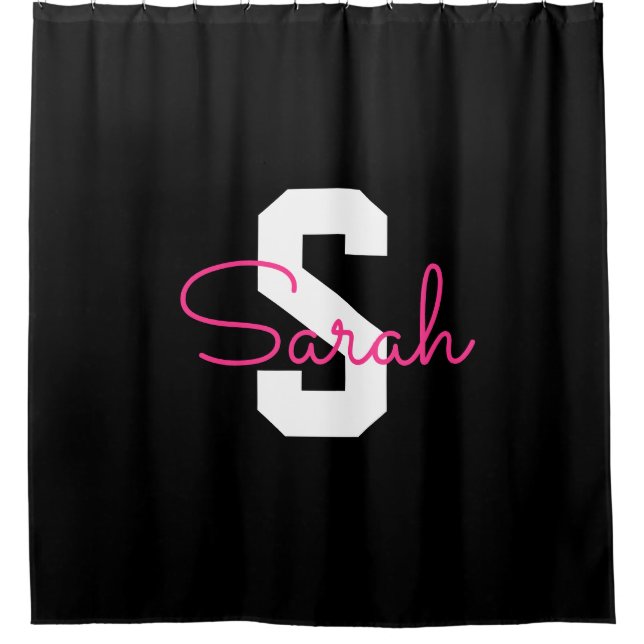 Süßer Name & Monogramm | Schwarz Weiß & Rosa Duschvorhang (Vorderseite)