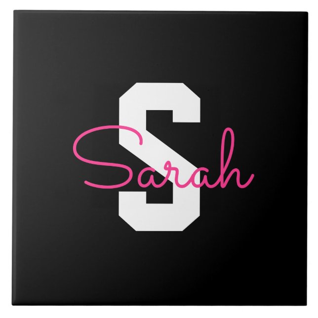 Süßer Name & Monogramm | Schwarz Weiß & Rosa Fliese (Vorderseite)