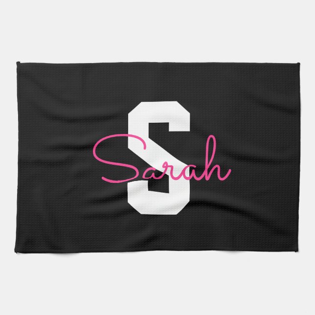 Süßer Name & Monogramm | Schwarz Weiß & Rosa Geschirrtuch (Horizontal)