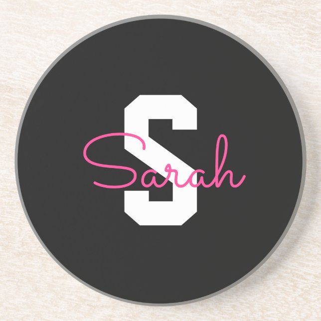 Süßer Name & Monogramm | Schwarz Weiß & Rosa Getränkeuntersetzer (Vorne)