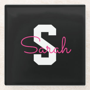 Süßer Name & Monogramm Schwarz Weiß & Rosa Glasuntersetzer