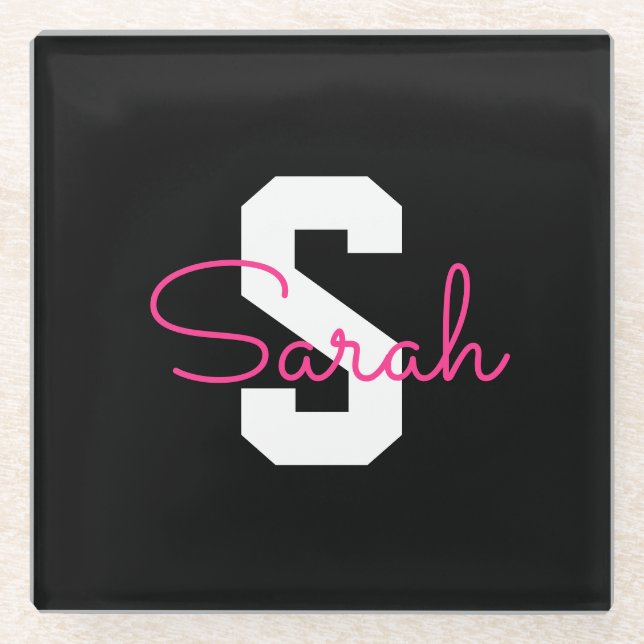 Süßer Name & Monogramm | Schwarz Weiß & Rosa Glasuntersetzer (Vorderseite)