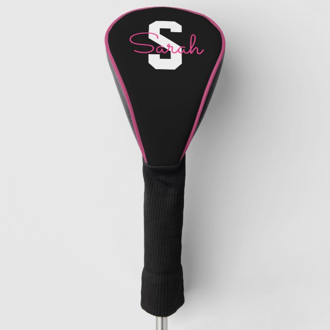 Süßer Name & Monogramm | Schwarz Weiß & Rosa Golf Headcover (Vorderseite)