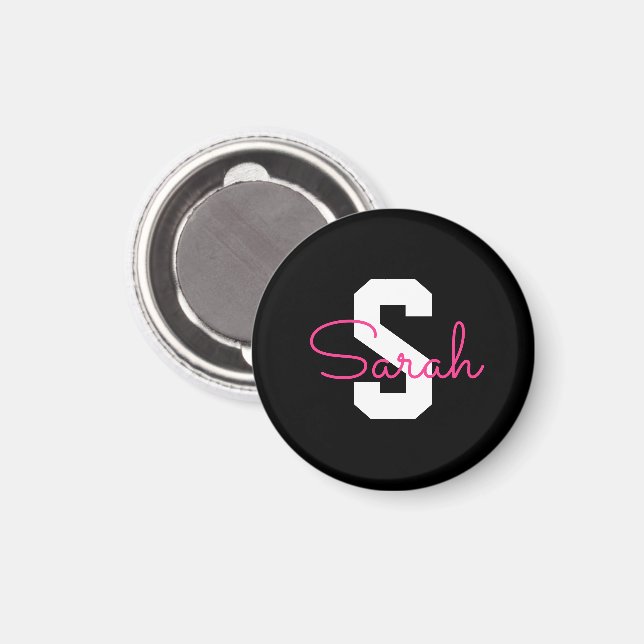 Süßer Name & Monogramm | Schwarz Weiß & Rosa Magnet (Vorderseite/Rückseite)