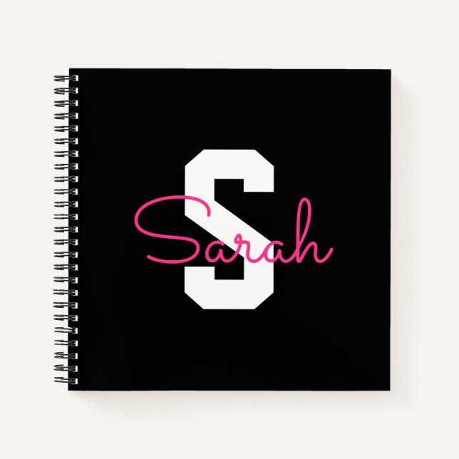Süßer Name & Monogramm | Schwarz Weiß & Rosa Notizbuch (Vorderseite)