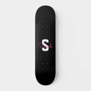 Süßer Name & Monogramm   Schwarz Weiß & Rosa Skateboard