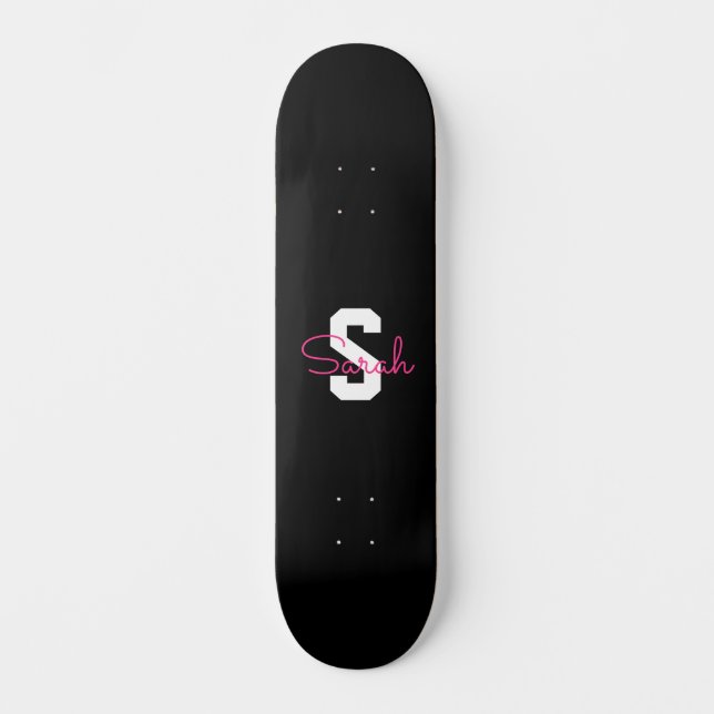 Süßer Name & Monogramm | Schwarz Weiß & Rosa Skateboard (Vorderseite)