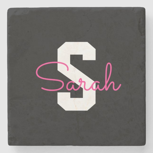 Süßer Name & Monogramm | Schwarz Weiß & Rosa Steinuntersetzer (Vorderseite)
