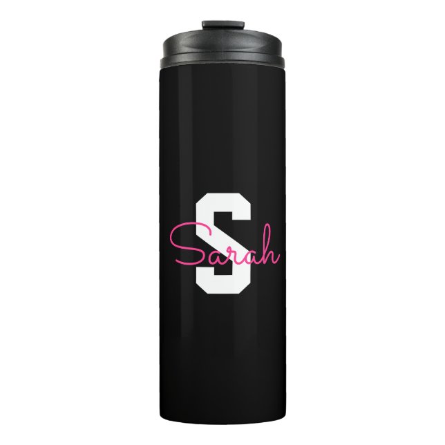 Süßer Name & Monogramm | Schwarz Weiß & Rosa Thermosbecher (Vorderseite)