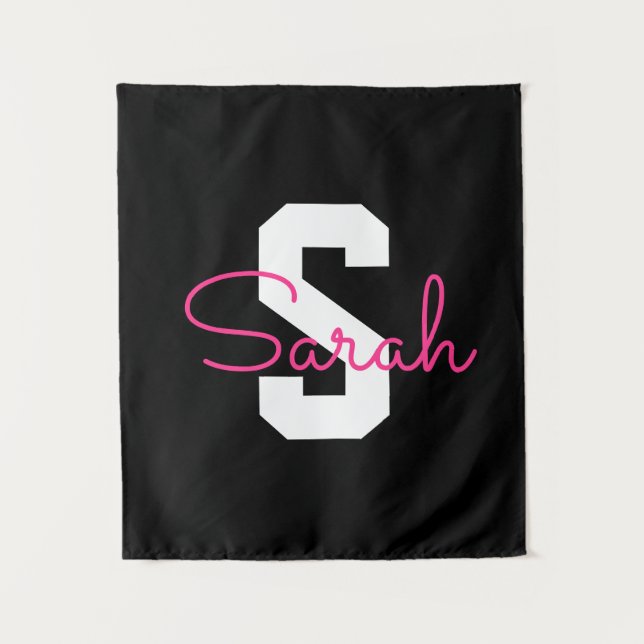 Süßer Name & Monogramm | Schwarz Weiß & Rosa Wandteppich (Vorderseite)