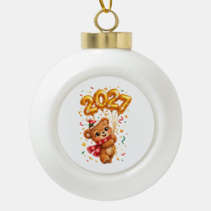 Süßer Neujahrsbär mit goldenen 2027 Ballons Keramik Kugel-Ornament