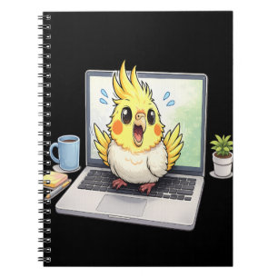 Süßer Nymphensittich-Vogel auf Laptop-Notizbuch Notizblock