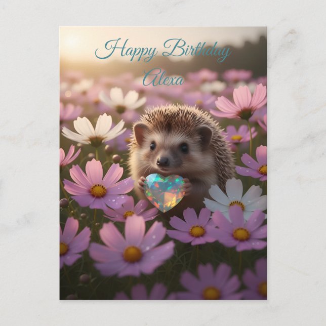 Süßer Oktober-Igel mit Opal-Herz Postkarte (Vorderseite)