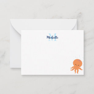 Süßer Oktopus Cartoon Eigenes Monogramm Mitteilungskarte
