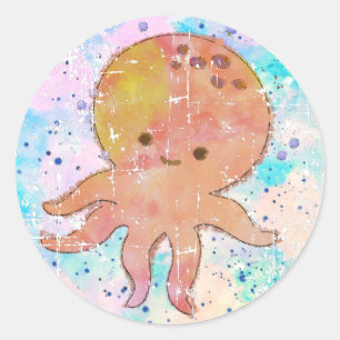 Süßer Oktopus Cartoon Vintage Distressed Wasserfar Runder Aufkleber