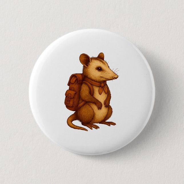 Süßer Opossum-Rucksacktourist, der im Wald campier Button (Vorderseite)