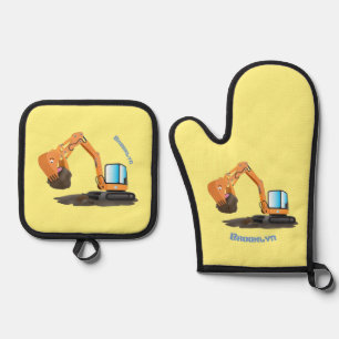 Süßer orangefarbener Bagger-Cartoon Ofenhandschuh & Topflappen-Set