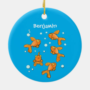 Süßer orangefarbener Goldfisch auf blauer Cartoon- Keramik Ornament