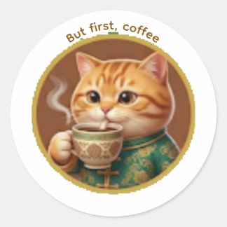 Süßer orangefarbener Kater trinkt Tee-Kaffee-Aufkl Runder Aufkleber