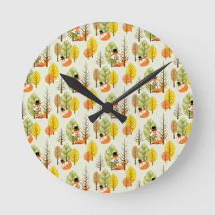 Süßer Oranger Fuchs Schwarze Mütze Nerd Hipster Br Runde Wanduhr