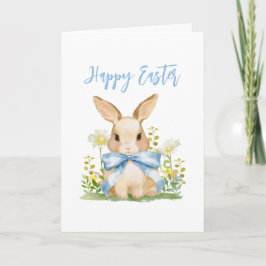 Süßer Oster-Wasserfarben-Hase Gingham Blaues Band Feiertagskarte
