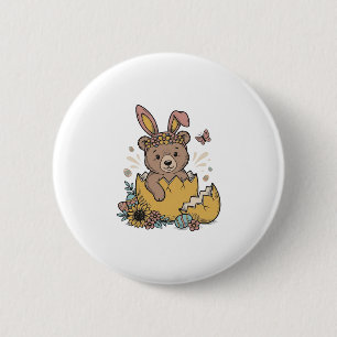 Süßer Osterbär in geknacktem Ei Vintage Vektor_1 Button