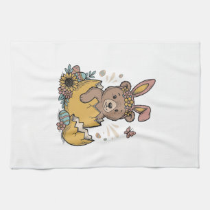 Süßer Osterbär in geknacktem Ei Vintage Vektor_1 Geschirrtuch