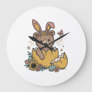 Süßer Osterbär in geknacktem Ei Vintage Vektor_1 Große Wanduhr