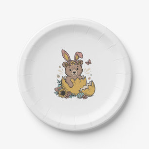 Süßer Osterbär in geknacktem Ei Vintage Vektor_1 Pappteller