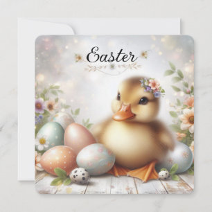Süßer Osterente mit Ostereiern und Blumen Feiertagskarte