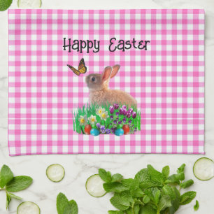 Süßer Osterhase auf rosa Gingham  Geschirrtuch