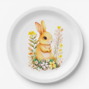 Süßer Osterhase & Blumen auf Weiß Pappteller