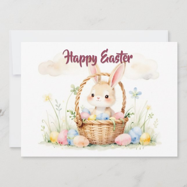 Süßer Osterhase im Korb mit bunten Eiern (Vorderseite)
