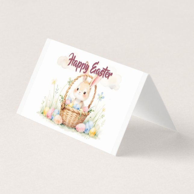 Süßer Osterhase im Korb mit farbenfrohen Eiern (Vorderseite)
