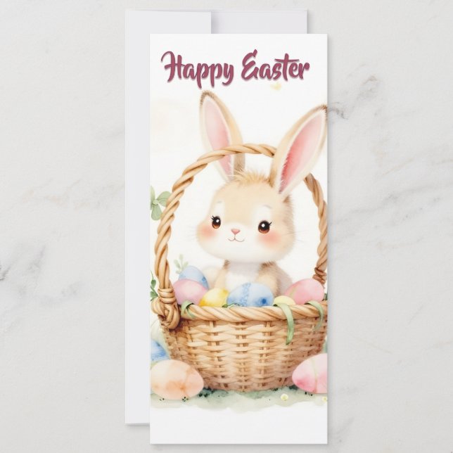 Süßer Osterhase im Korb mit farbenfrohen Eiern (Vorderseite)