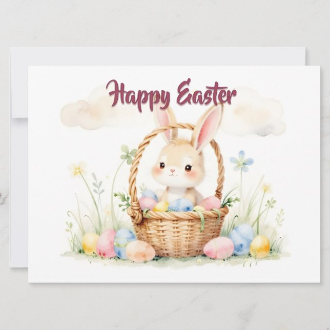 Süßer Osterhase im Korb mit farbenfrohen Eiern (Vorderseite)
