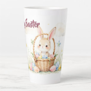 Süßer Osterhase im Korb mit farbenfrohen Eiern Milchtasse