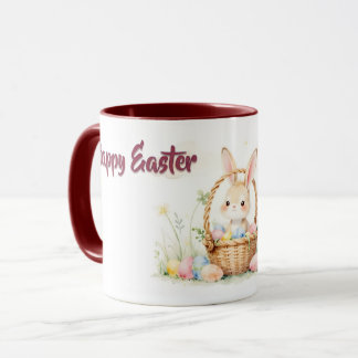 Süßer Osterhase im Korb mit farbenfrohen Eiern Tasse