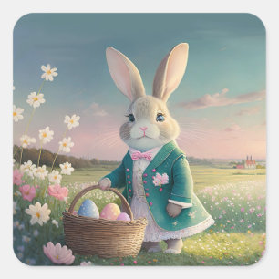 Süßer Osterhase in kleinem blauen Jackett Quadratischer Aufkleber