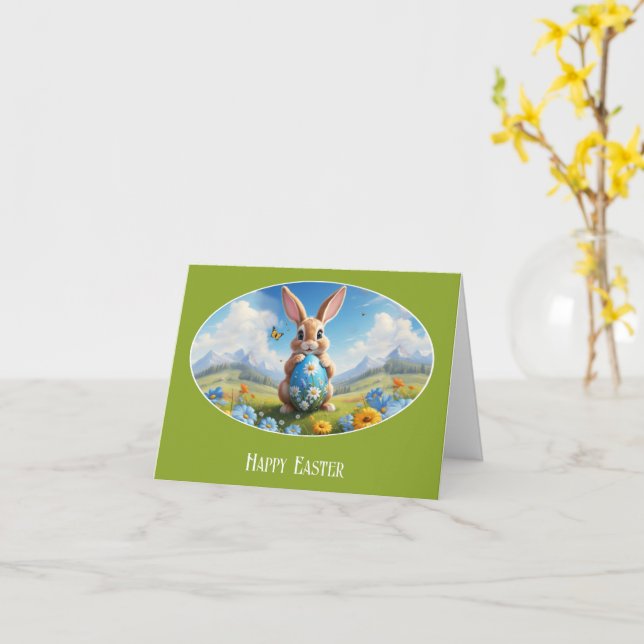 Süßer Osterhase in Landschaft -  Karte (Gelbe Blume)