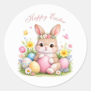 Süßer Osterhase Kaninchen Rosa Peonie Runder Aufkleber